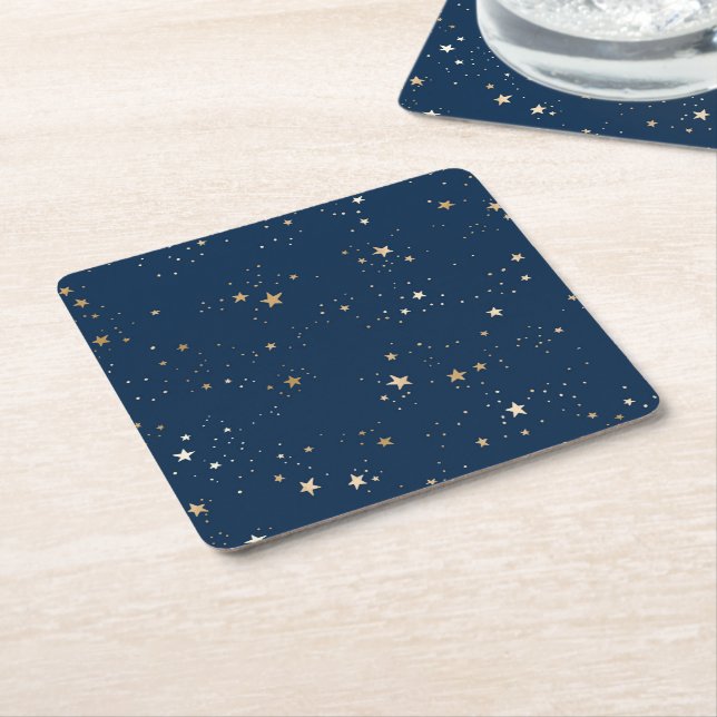 Posavasos Cuadrado De Papel Estrella dorada en el patrón de la noche azul (En perspectiva)