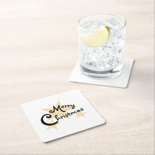 Posavasos Cuadrado De Papel Estrella dorada Feliz Navidad en blanco