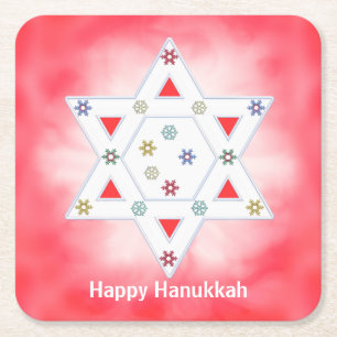 Posavasos Cuadrado De Papel Estrella Hanukkah y copos de nieve rojos