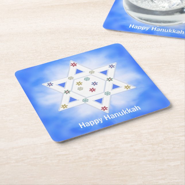 Posavasos Cuadrado De Papel Estrella y copos de nieve de Jánuca azules (En perspectiva)