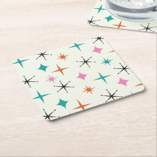 Posavasos Cuadrado De Papel Estrellas atómicas de mediados de siglo en naranja