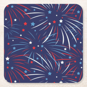 Posavasos Cuadrado De Papel Estrellas azules blancas rojas de los fuegos