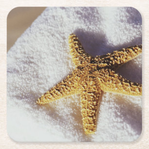 Posavasos Cuadrado De Papel Estrellas de mar en una toalla