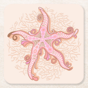 Posavasos Cuadrado De Papel Estrellas de mar y coral patrón pastel rosa