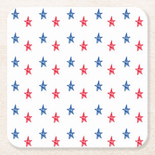 Posavasos Cuadrado De Papel Estrellas dibujadas a mano azul rojo patriótico ad