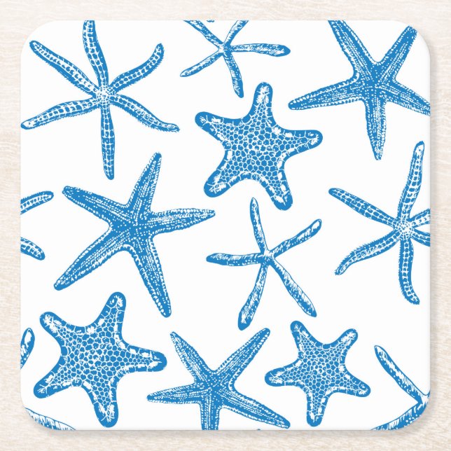 Posavasos Cuadrado De Papel Estrellas marinas de azul (Anverso)