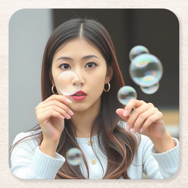 Posavasos Cuadrado De Papel Estudiantes asiáticos Soplando Burbujas, Juego De  (Anverso)