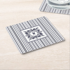 Posavasos Cuadrado De Papel Etiqueta de cosecha y monograma de franja azul de