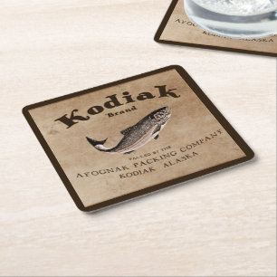 Posavasos Cuadrado De Papel Etiqueta Vintage Kodiak Salmon