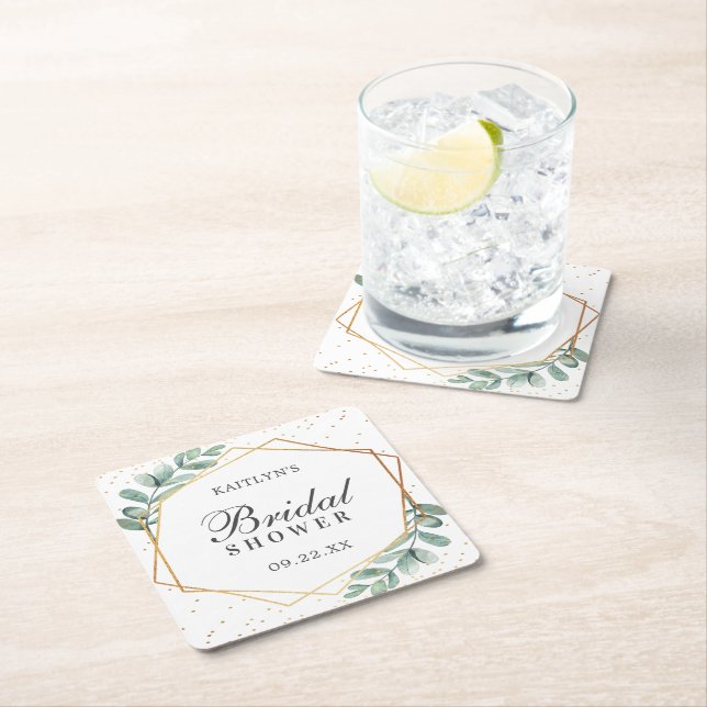 Posavasos Cuadrado De Papel Eucalipto Geométrico Boda de Hoja de Oro (In situ)