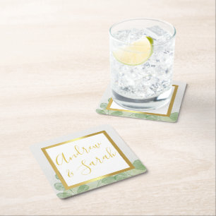 Posavasos Cuadrado De Papel Eucalipto Verde y Dorado