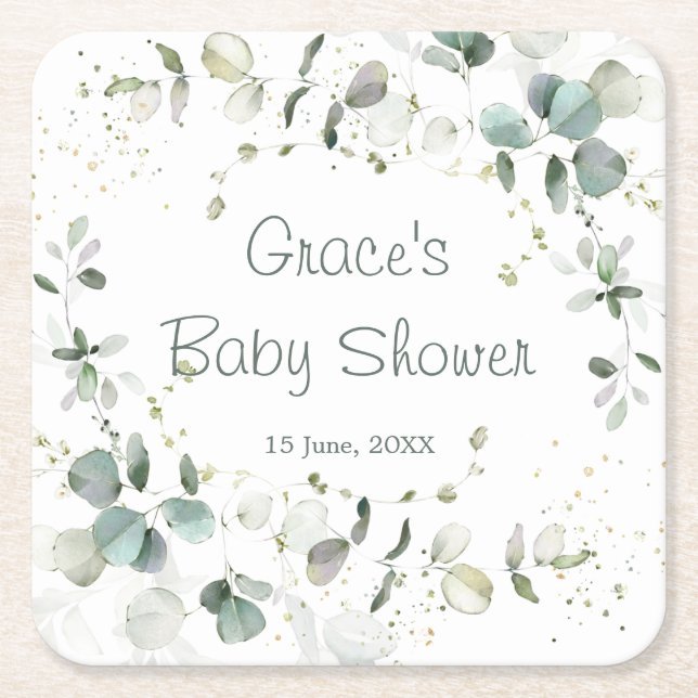 Posavasos Cuadrado De Papel Eucalyptus Foliage Baby Shower (Anverso)