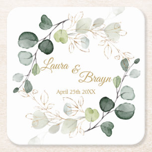Posavasos Cuadrado De Papel Eucalyptus Foliage Gold deja Boda