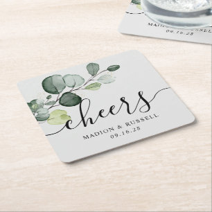 Posavasos Cuadrado De Papel Eucalyptus Greenery Cheers Wedding Favor
