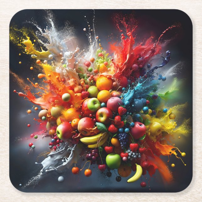 Posavasos Cuadrado De Papel Explosión de frutas (Anverso)