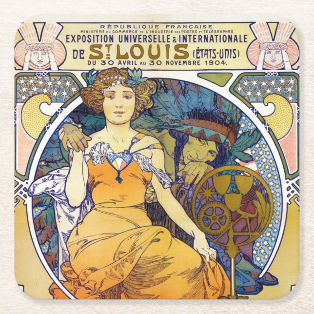 Posavasos Cuadrado De Papel Exposición de St. Louis, Mucha (Anverso)