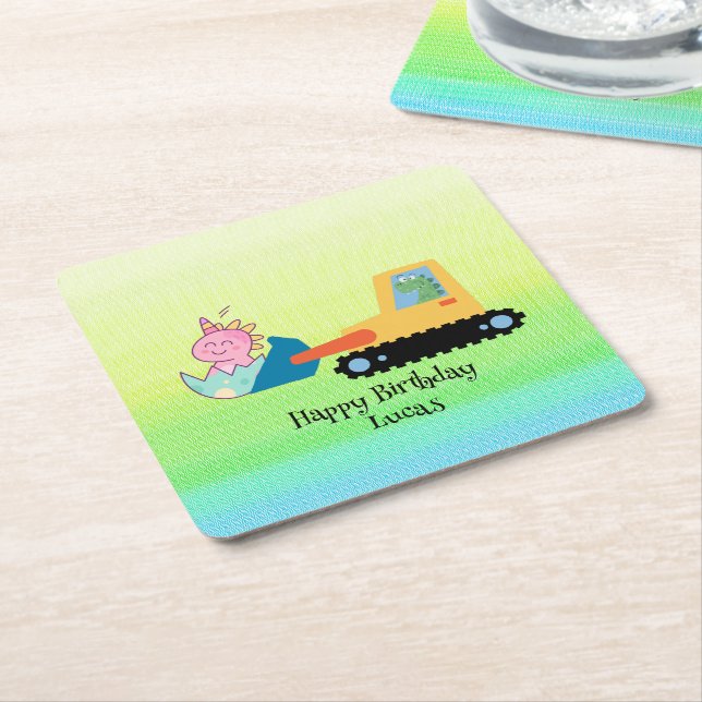 Posavasos Cuadrado De Papel Extractor de dinosaurio divertido de cumpleaños no (En perspectiva)