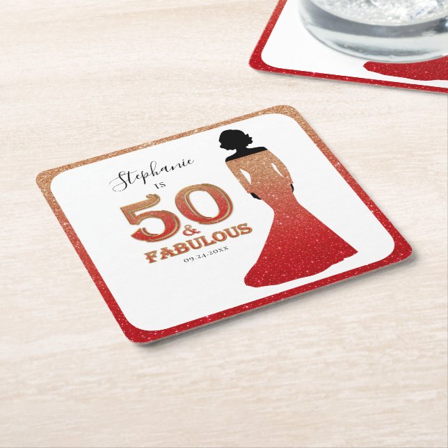 Posavasos Cuadrado De Papel Fabuloso 50 cumpleaños Ombre Purpurina Gown (En perspectiva)