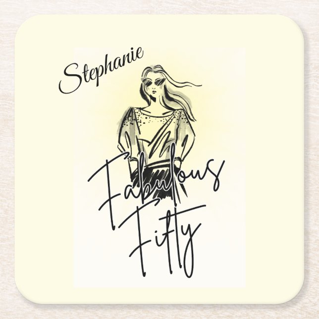 Posavasos Cuadrado De Papel Fabulous Fifty Woman White Sketch 50th Birthday (Anverso)