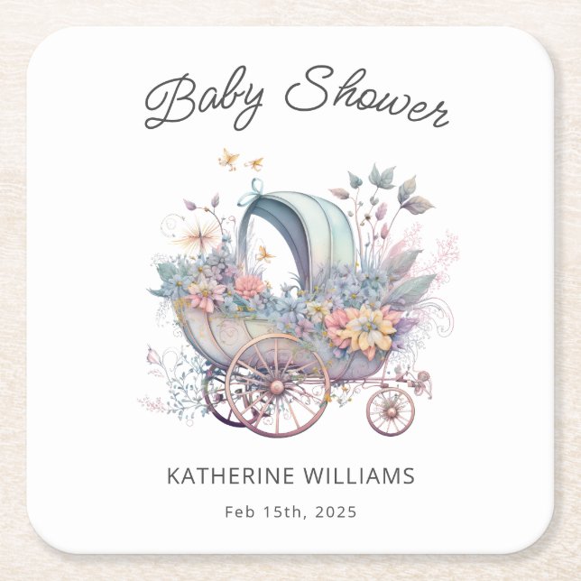 Posavasos Cuadrado De Papel Fairy Baby Stroller Baby Shower (Anverso)