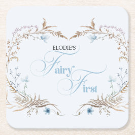 Posavasos Cuadrado De Papel Fairy First Birthday Invitation | Elegant Blue