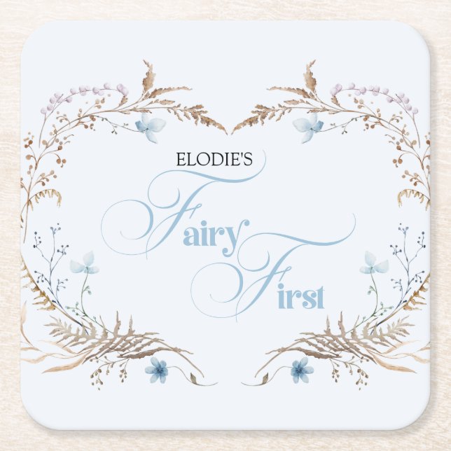 Posavasos Cuadrado De Papel Fairy First Birthday Invitation | Elegant Blue  (Anverso)