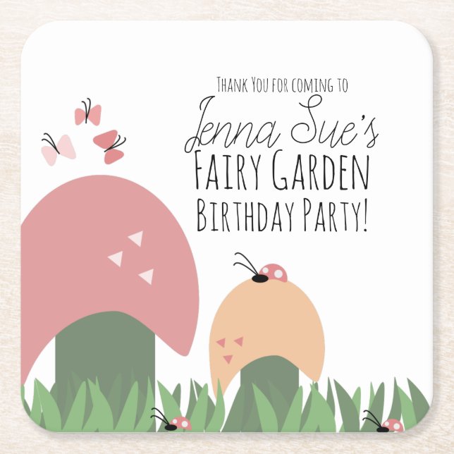 Posavasos Cuadrado De Papel Fairy Garden Mushrooms Ladybugs Butterflies (Anverso)