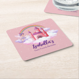 Posavasos Cuadrado De Papel Fairy Kid's Birthday Fairytale Castle Rainbow 