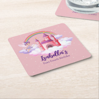 Posavasos Cuadrado De Papel Fairy Kid's Birthday Fairytale Castle Rainbow