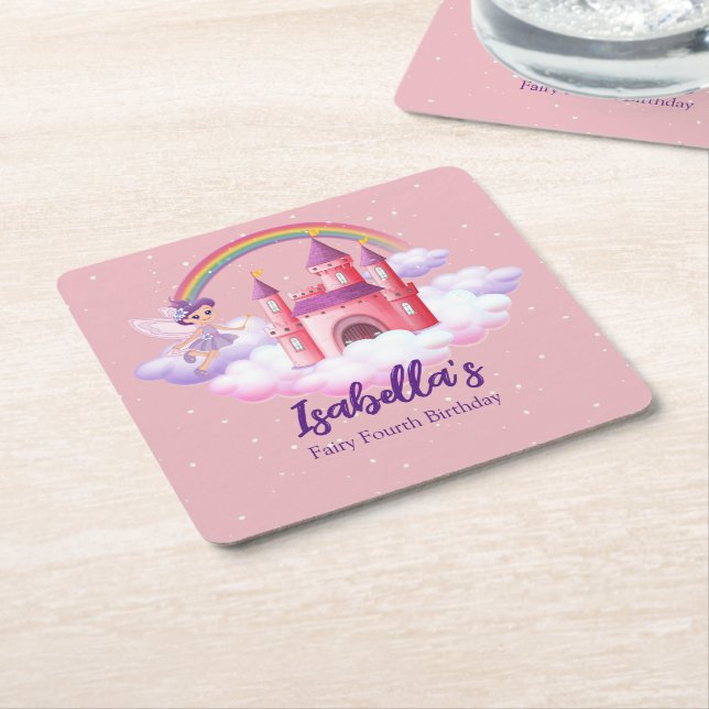Posavasos Cuadrado De Papel Fairy Kid's Birthday Fairytale Castle Rainbow  (En perspectiva)