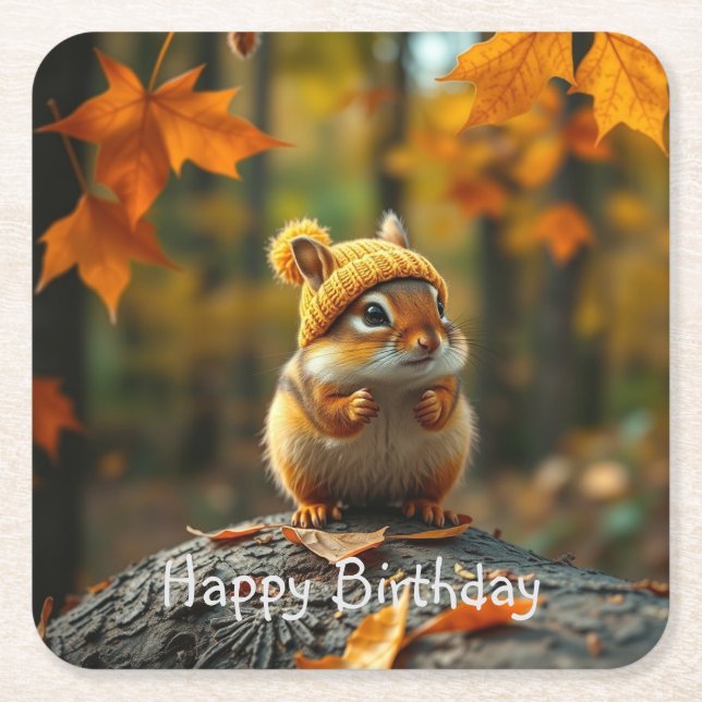 Posavasos Cuadrado De Papel Fall Chipmunk Birthday (Anverso)