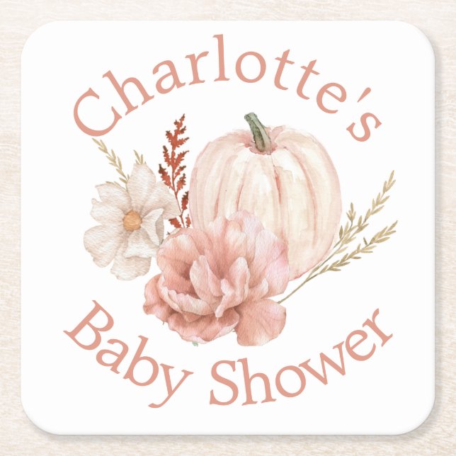 Posavasos Cuadrado De Papel Fall Pumpkin Boho Floral Baby Shower (Anverso)