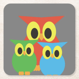 Posavasos Cuadrado De Papel Familia búho: rojo, verde y azul