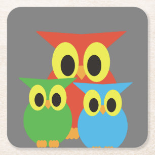 Posavasos Cuadrado De Papel Familia búho: rojo, verde y azul