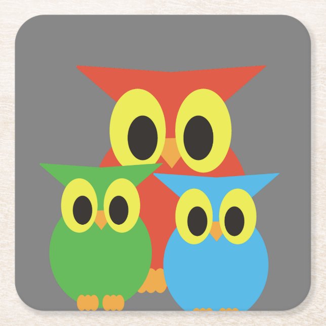 Posavasos Cuadrado De Papel Familia búho: rojo, verde y azul (Anverso)