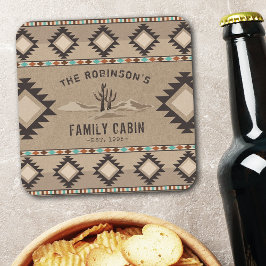 Posavasos Cuadrado De Papel Familia Cabina Rústica Cactus Tribal Nativa del Su