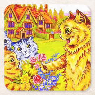 Posavasos Cuadrado De Papel Familia Cat en el Jardín