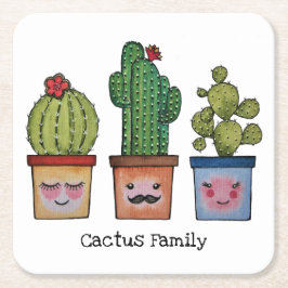 Posavasos Cuadrado De Papel Familia Cute Cactus En Acuarela