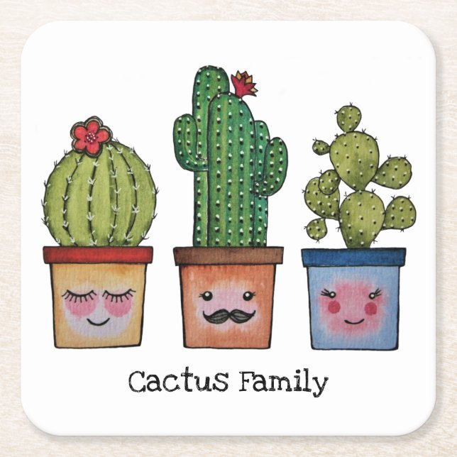 Posavasos Cuadrado De Papel Familia Cute Cactus En Acuarela (Anverso)