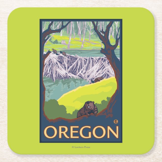 Posavasos Cuadrado De Papel Familia de castores (Anverso)