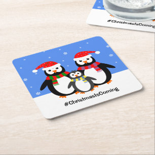 Posavasos Cuadrado De Papel Familia de pingüinos tus navidades de texto