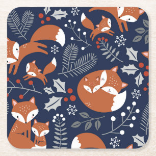 Posavasos Cuadrado De Papel Familia Fox: patrón inmaculado vintage.