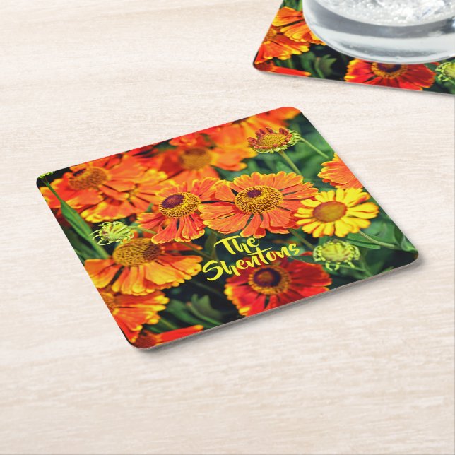 Posavasos Cuadrado De Papel Familia naranja Sneezeweed Helenium Garden Flowers (En perspectiva)