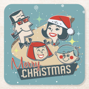Posavasos Cuadrado De Papel Familia Retro Feliz Navidad Feliz Año Nuevo
