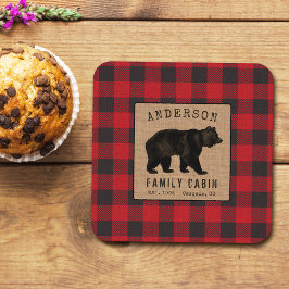 Posavasos Cuadrado De Papel Familia Rustic Bear Cabina Red Buffalo Plaid Burla