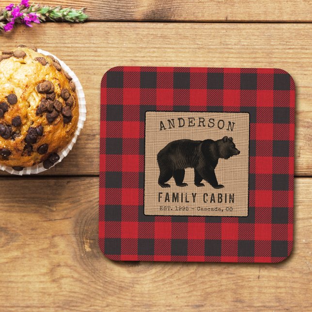 Posavasos Cuadrado De Papel Familia Rustic Bear Cabina Red Buffalo Plaid Burla (Subido por el creador)