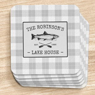 Posavasos Cuadrado De Papel Family Lake House Oars Fish Rústico White Plaid