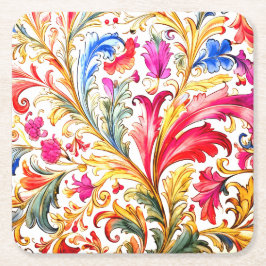Posavasos Cuadrado De Papel Fancy Florentine Design Watercolor Leaves