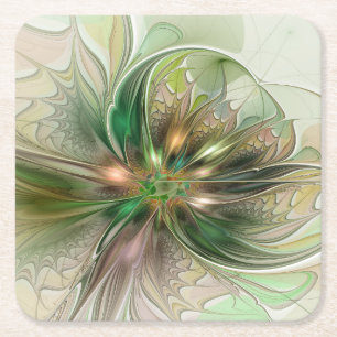 Posavasos Cuadrado De Papel Fantasía abstracta moderna y colorida Flor fractal