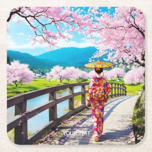 Posavasos Cuadrado De Papel Fantasía acariciante Chica japonés caminando